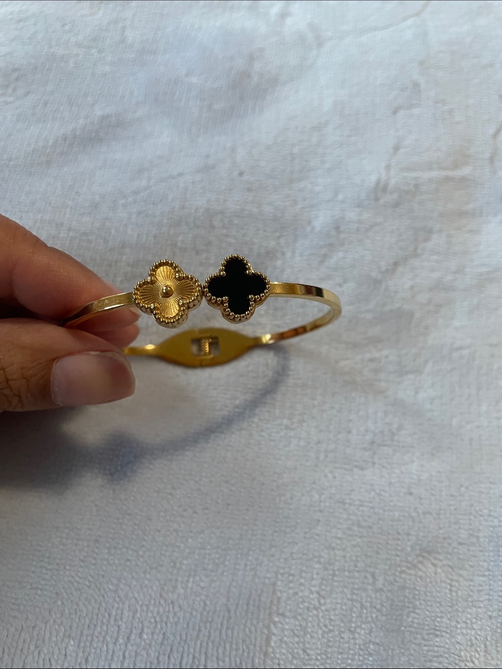 Gold Four-Leaf Clover Cuff Bracelet with Black Inlay - Women Jewelry